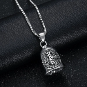 Polished silver Saint Benedict bell pendant with religious engraving on black leather