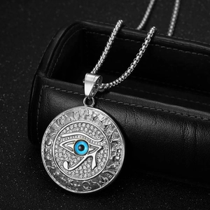 Hip hop Eye of Horus pendant in stainless steel with blue stone and sparkling crystals