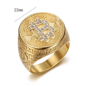 Gold-plated stainless steel Bitcoin ring featuring iced-out rhinestones and side engravings