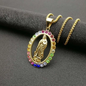 Titanium Steel Virgin Mary Pendant Necklace Rainbow Rhinestone Religious Our Lady of Guadalupe Hip Hop Jewelry Gift For Unisex