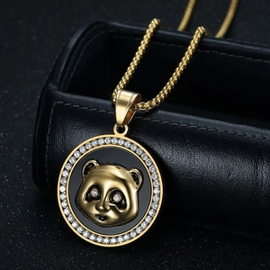 Hiphop Panda Anhänger Halskette goldfarben mit funkelnden Zirkonia Steinen besetzt