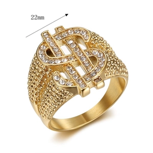 Bague hip-hop dorée pour homme avec signe dollar, cristaux brillants et largeur 22mm