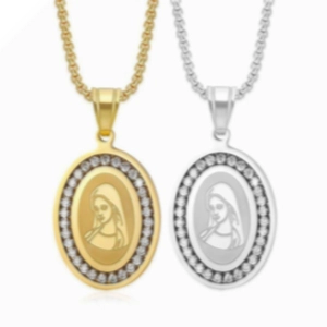 Hip Hop Stainless Steel Virgin Mary Pendant Necklace For Men Women Gold Silver Plated Rhinestone Religious Portrait Jewelry