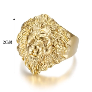 Men's hip hop lion head ring in gold plated stainless steel with 26mm front height