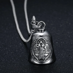 Polished black St. Benedict steel biker lucky bell pendant necklace for men