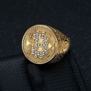 Golden hip hop Bitcoin ring with sparkling crystals and circuit board texture details
