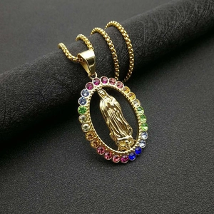 Hip-hop religious gold necklace featuring an oval Virgin Mary pendant with colorful stones