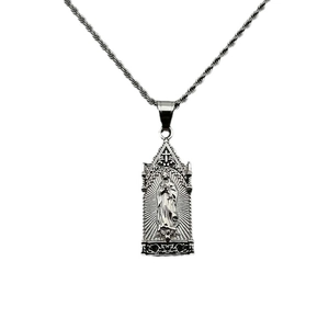Gothic silver-tone saint portrait pendant with twist rope chain on a white background