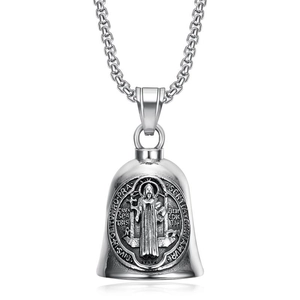Saint Benedict Medal Bell Pendant Necklace Men Titanium Steel Vintage Religious Biker Guardian Bell Punk Hip Hop Jewelry Gift