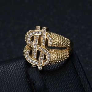 Bague hip-hop en acier titane doré avec signe dollar et zircons cubiques brillants