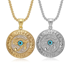 Hip Hop Titanium Steel Eye Of Horus Pendant Necklace Vintage Electroplated Rhinestone Ancient Egyptian Jewelry For Men Women