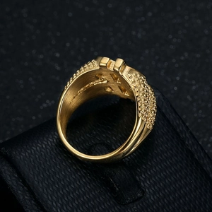 Bague hip hop pour homme en acier titane doré avec signe dollar et textures latérales