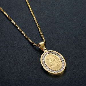 Gold plated stainless steel religious oval pendant necklace with zircons and box chain