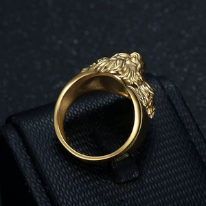 Hip hop lion head ring for men in gold vacuum plated stainless steel with high relief