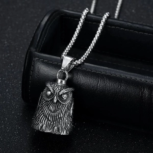 Clochette de protection hibou rétro en acier inox avec yeux en cristal sur cuir