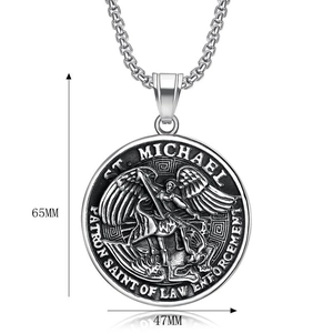 Erzengel Michael Punk-Halskette aus Edelstahl mit runden Anhänger im Vintage-Silber-Stil