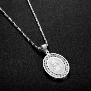 Silver oval Virgin Mary pendant necklace with cubic zirconia and box chain for hip hop style