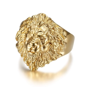 Hip Hop Men Lion Head Ring Gold Plated Titanium Steel Bold Animal Relief Signet Ring Punk Rock Jewelry For Party Daily Accessory