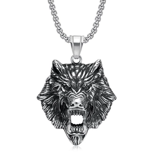 Retro stainless steel viking wolf head pendant necklace with box chain for men