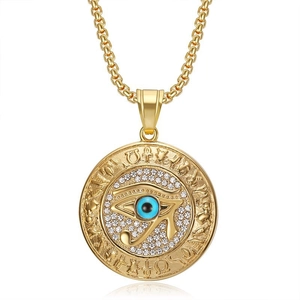 Hip hop Eye of Horus necklace with sparkling crystals and a golden Egyptian round pendant