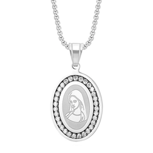 Religious Virgin Mary pendant necklace in silver finish with sparkling zircon halo