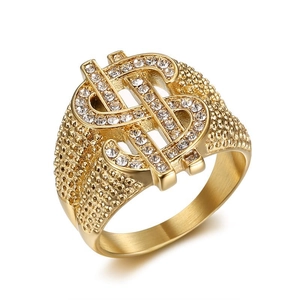 Bague Signe Dollar Hip Hop pour Homme Strass Brillant Acier Inoxydable Or Plaqué Sous Vide Punk Bague Géométrique