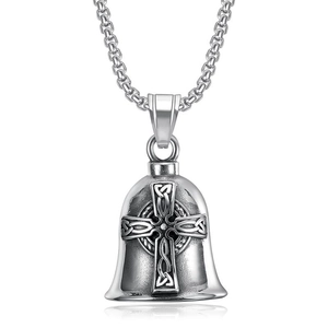 Vintage stainless steel Viking Celtic cross bell pendant with box chain on white background