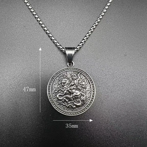 Saint George Dragon Slayer pendant necklace in vintage steel, 35mm circular relief medallion