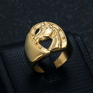 Hip hop gold plated horse head horseshoe ring for men made of durable stainless steel