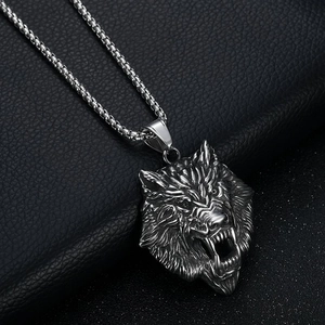 Nordic Viking wolf head pendant necklace in silver stainless steel with box chain