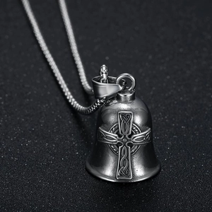 Viking Celtic Cross Guardian Bell Necklace Vintage Titanium Steel Bell Pendant Nordic Exorcism Lucky Amulet Biker Jewelry For Men Unisex