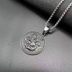 Vintage stainless steel Saint George dragon knight relief pendant with box chain