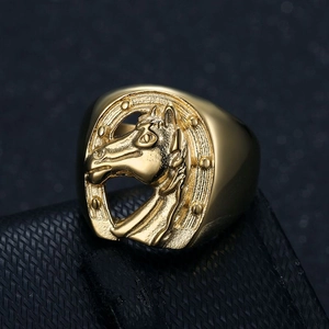 Gold plated stainless steel horseshoe ring with horse head relief for men