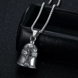 Vintage stainless steel Viking bell pendant with Celtic cross engraving and ball chain