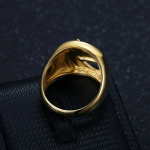 Gold plated stainless steel horse head signet ring for men on a black jewelry box