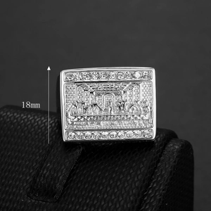 Hip-hop silver square ring with Last Supper relief and diamond accents, 18mm face height