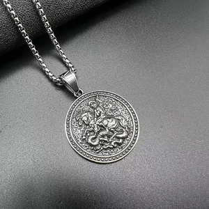Vintage St. George Slaying The Dragon Knight Relief Pendant Necklace Medieval Titanium Steel Round Box Chain Jewelry For Unisex