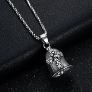 Vintage titanium steel Viking Celtic cross guardian bell pendant with sturdy box chain