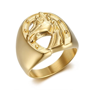 Men Hip Hop Titanium Steel Horse Head Horseshoe Ring Gold Plated Stainless Steel Animal Biker Signet Ring Fashion Jewelry