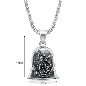 Vintage stainless steel Archangel Michael motorcycle bell pendant with size measurements