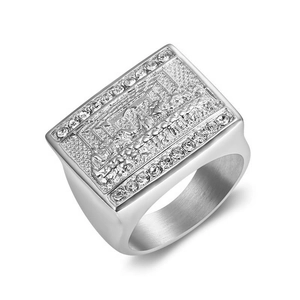 Iced out stainless steel ring featuring The Last Supper relief and brushed metal finish