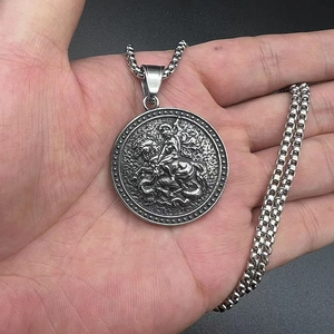 Vintage Saint George Dragon Slayer relief necklace with silver steel box chain pendant