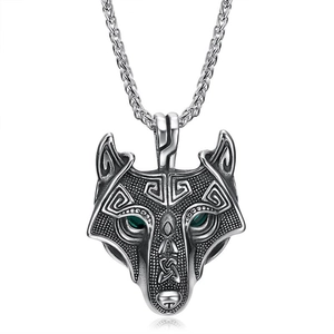 Nordic Viking stainless steel wolf head necklace with green eyes and vintage wheat chain
