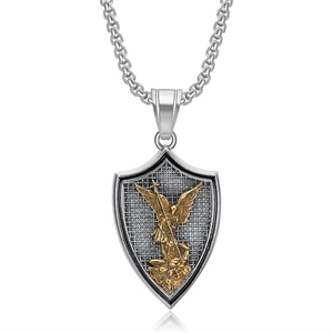 Retro Saint Michael Archangel Shield Pendant Necklace For Men Women Stainless Steel Religious Amulet Polished Jewelry Two Tone Gold Silver Medal Necklace