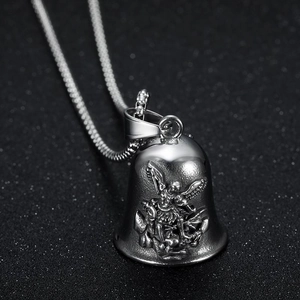 Polished Saint Michael Archangel stainless steel motorcycle bell pendant with bead chain