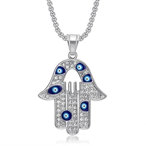 Collier pendentif Main de Fatma et Mauvais Œil avec strass brillants sur chaîne argentée