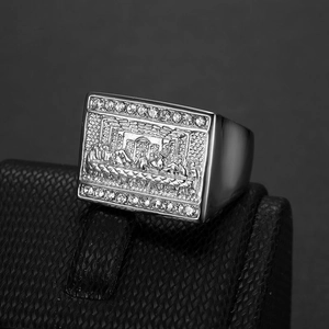 Hip Hop Stainless Steel Ring For Men Square Signet Ring Last Supper Relief Religious Rhinestone Inlaid Fashion Jewelry