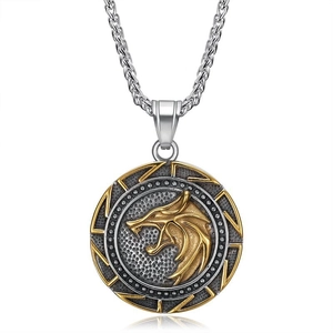 Viking Wolf Head Pendant Titanium Steel Necklace Men Vintage Norse Runes Dragon Round Medallion Nordic Myth Jewelry Gift