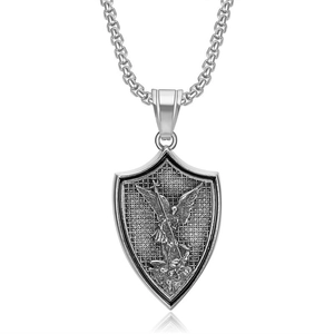 Vintage silver St. Michael Archangel shield pendant necklace with bold pearl link chain