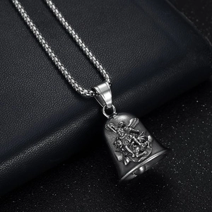 Vintage stainless steel Archangel Michael St. Benedict motorcycle bell pendant on pearl chain